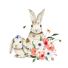 Watercolor Easter composition little bunny decorated with flowers bouquets isolated on white background. Spring Easter holiday illustration