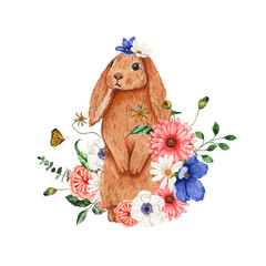 Watercolor Easter composition little bunny decorated with flowers bouquets isolated on white background. Spring Easter holiday illustration