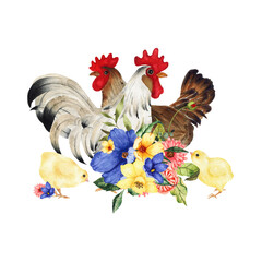 Watercolor Easter composition rooster, hen, chicken decorated with flowers bouquets isolated on white background. Spring Easter holiday illustration