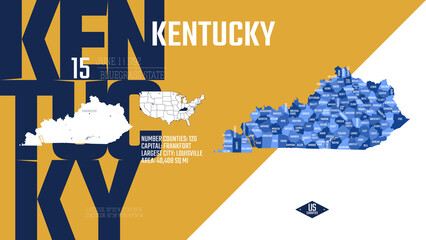 15 of 50 states of the United States, divided into counties with territory nicknames, Detailed vector Kentucky Map with name and date admitted to the Union, travel poster and postcard