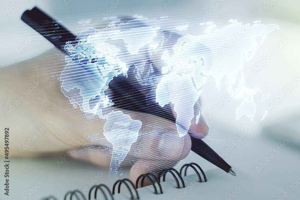 Poster multi exposure of abstract graphic world map and man hand writing in notepad on background, connecti