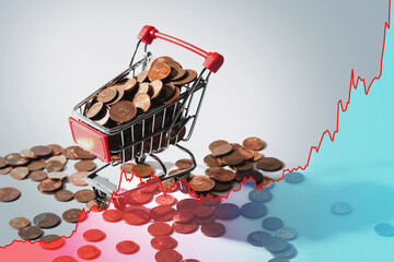 Tiny shopping cart filled with euro coins and rising sparkline chart.