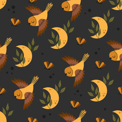 seamless pattern with birds and moon