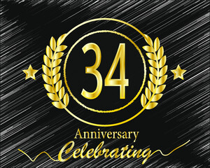 34th golden anniversary logo with ring, laurel wreath vector design on black background scratched
