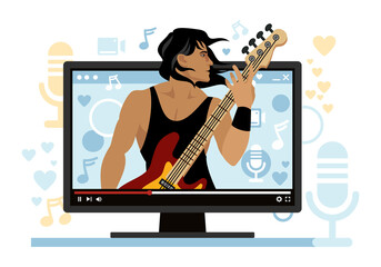Male bass player performs online. The concept of transferring music and video clips. A musician or artist makes an online show in an application on a laptop. Flat vector illustration.