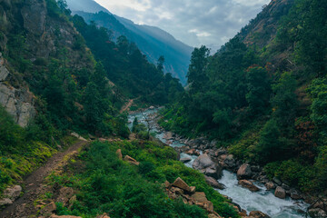 Fototapeta na wymiar Mountain landscape Himalayas. rivers and jungle Nepal. mountain meditation 