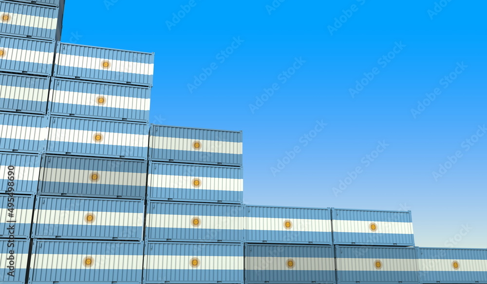 Poster containers with flag of argentina represent declining trend. economic or export crisis concept. 3d r