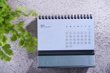 desk calendar and houseplant against cement floor