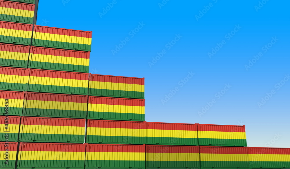 Poster containers with flag of bolivia represent declining trend. economic or export crisis concept. 3d ren