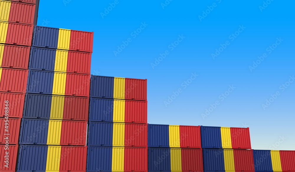 Poster flag of romania on containers forming declining trend of graph. national crisis or meltdown related 