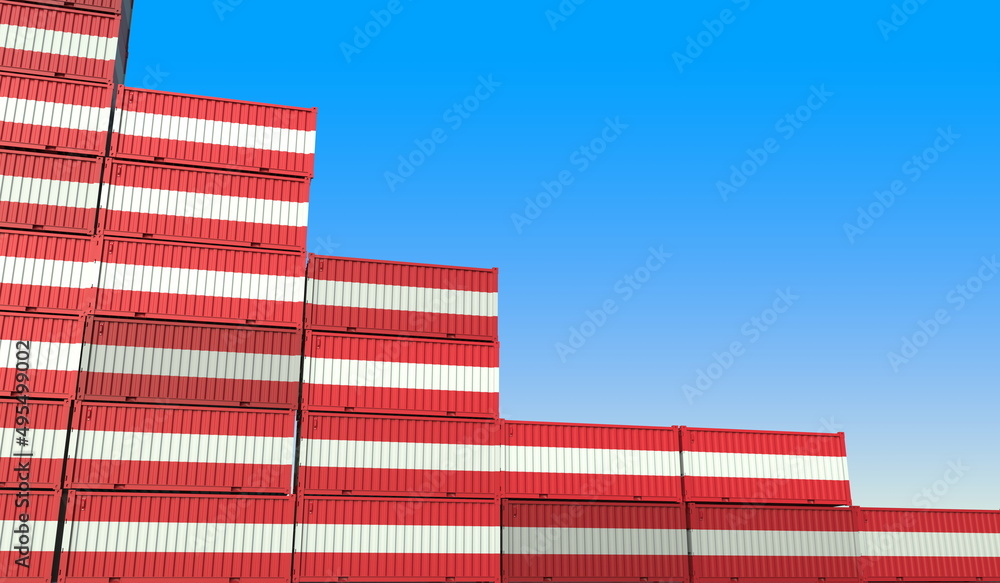 Poster containers with flag of austria represent declining trend. economic or export crisis concept. 3d ren