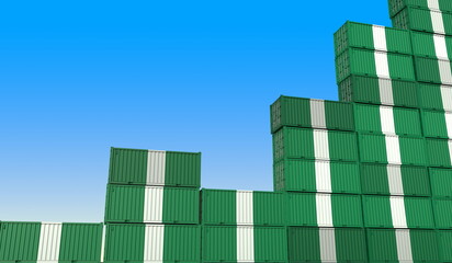 Industrial containers with flags of Nigeria making a rising graph. Economic growth related 3D rendering