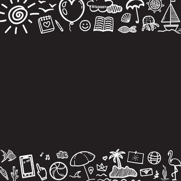 Summer banner. Hand drawn holiday elements. Summer holidays. Freehand signs and symbols. Black and white illustration