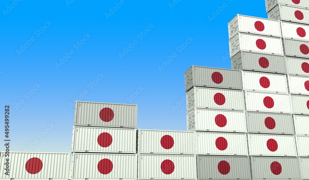 Poster containers with flags of japan making a rising trend graph. business success related 3d rendering