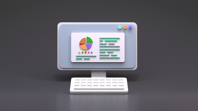 Report with histogram and graph on computer screen. 3d render illustration.