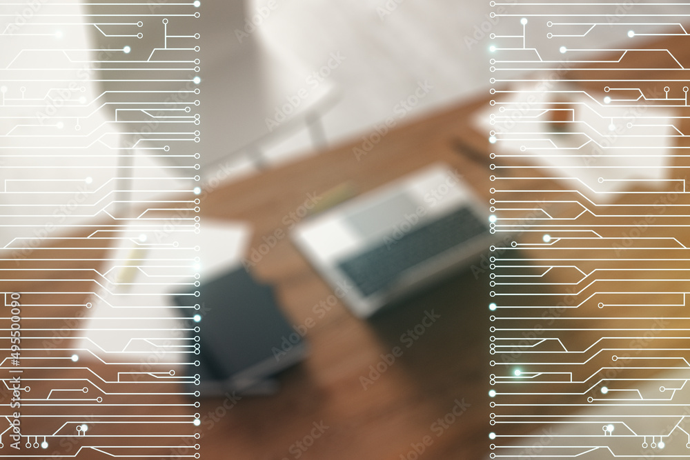 Aufkleber double exposure of circuit hologram and modern desktop with laptop on background. research and devel