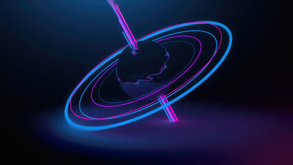 Neon light planet with rings concept, 3d illustration