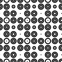 Vector illustration. Geometric seamless pattern. Solid dots and rhombus-shaped linear circles. Spotted black and white background. Simple black and white abstract pattern.