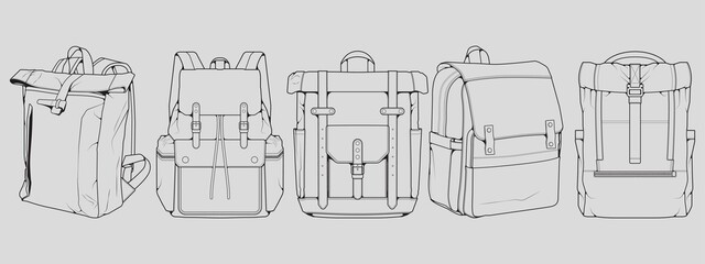 Set of backpack outline drawing vector, set of Backpack in a sketch style, trainers template outline, vector Illustration.
 - obrazy, fototapety, plakaty