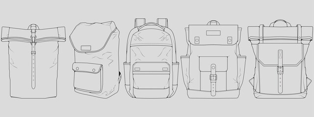 Set of backpack outline drawing vector, set of Backpack in a sketch style, trainers template outline, vector Illustration.
