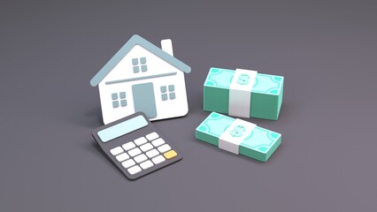 Fototapeta na wymiar House and money stack icon. The concept of buying a home. 3d rendering.