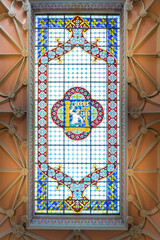 Portugal, Porto, Stained glass window in Livraria Lello ceiling