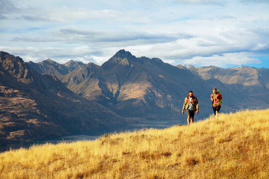 Adventure couple on vacation hiking trip South Island