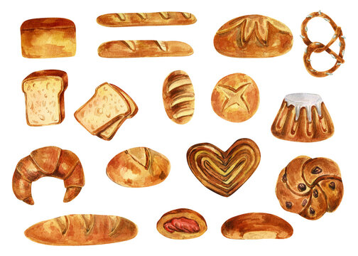 Large watercolor baking set. Different types of bread: baguette, loaf. Sweet pastries: buns, pie, rum baba, pretzel. The menu of the craft bakery.