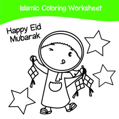 Islamic coloring worksheet. Islamic religion items coloring book. Vector set of Islamic items on white background. Vector illustrations.