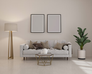 stylish room in light colors with sofa, floor lamp,  blank picture and flower. 3d render