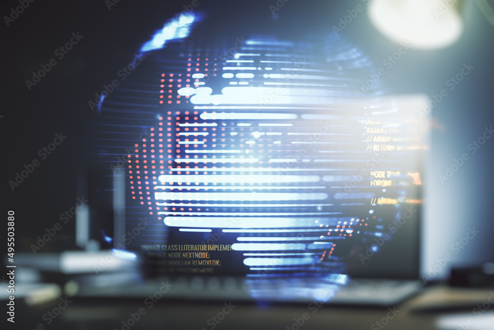 Poster double exposure of abstract programming language with world map on laptop background, research and d