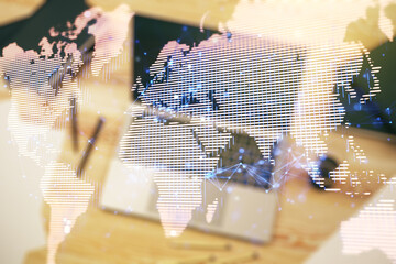 Double exposure of abstract digital world map on computer background, big data and blockchain concept