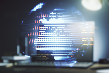 Double exposure of abstract programming language with world map on laptop background, research and development concept