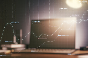 Multi exposure of creative statistics data hologram on laptop background, stats and analytics concept