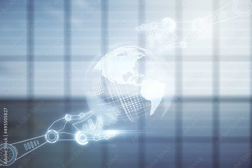 Aufkleber Abstract virtual robotics technology hologram with globe on modern interior background, artificial intelligence and machine learning concept. Multi exposure
