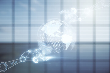 Abstract virtual robotics technology hologram with globe on modern interior background, artificial intelligence and machine learning concept. Multi exposure