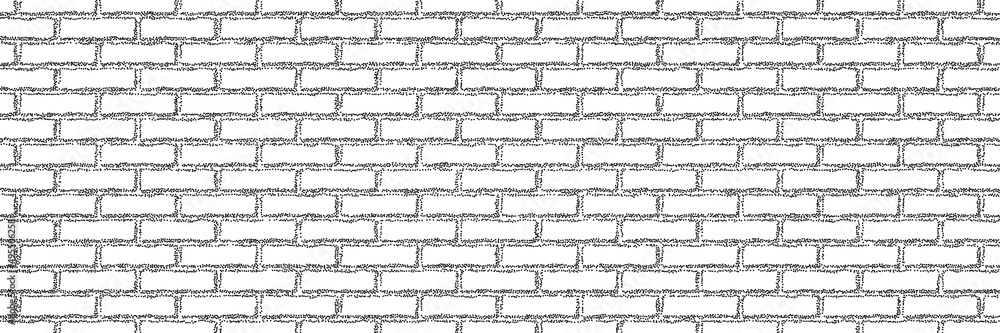 Poster dotwork brick wall pattern background. black noise stipple dots stone brickwall. sand grain effect. 