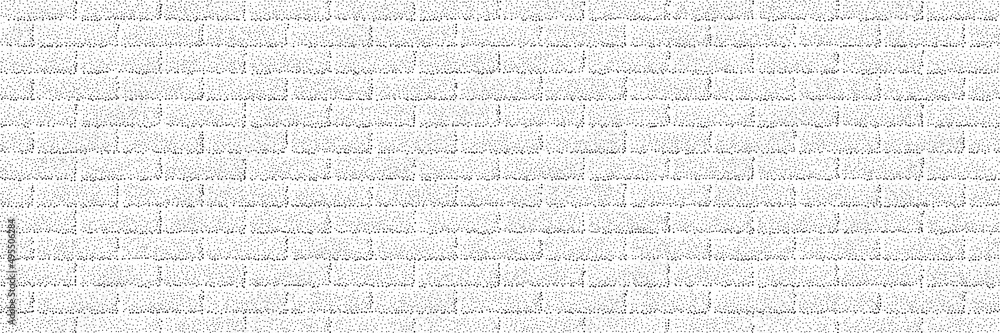 Poster dotwork brick wall pattern background. black noise stipple dots stone brickwall. sand grain effect. 