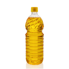Vegetable oil in plastic bottle, corn oil for frying and cooking, isolated on white clipping path