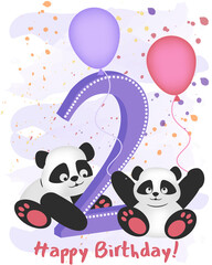 Happy second birthday. Greeting card with pandas and balloons with the inscription.