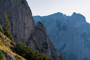 Panoramic view on the mountain peaks of the Hochschwab Region in Upper Styria, Austria. Massiv sharp and high rock wall in the Alps in Europe. Climbing tourism, wilderness. Concept freedom. Limestone