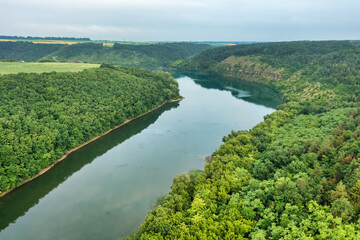 Aerial view of a Bakota Bay, located over flooded Bakota village, part of the National Environmental Park Podilski Tovtry in Khmelnytskyi region, Ukraine. Travel destinations in Ukraine