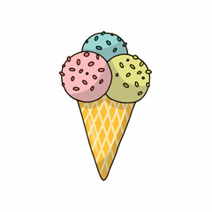 Hand drawn colorful doodle ice cream illustration. Flat ice-cream icon in vector.