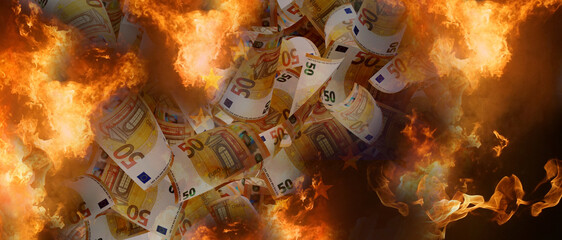 symbolic burning money. EUR banknotes of Europe and fire and flames 3d-illustration - obrazy, fototapety, plakaty