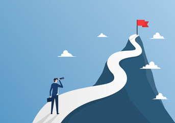 Businessman standing to look flag on top mountain. Leadership business finance concept. goal to success. Opportunities and strategies at work. vision and mission achieving. vector illustration. - obrazy, fototapety, plakaty