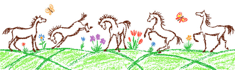 Comic funny horse set. Seamless border background. Crayon kids hand drawn cute pony on grass flower. Crayon or pencil pastel chalk cartoon doodle vector art character. Smiling simple pet on meadow