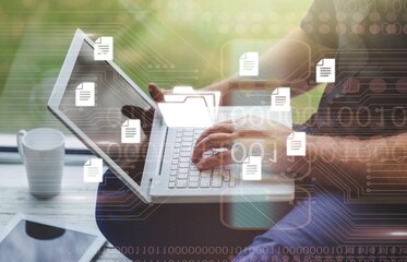 Businessman using a laptop computer to business work concept, system or software.