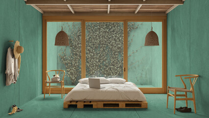 Modern wooden bedroom in turquoise tones, pallet bed, exterior garden with ivy, balcony, concrete walls and floor, bamboo ceiling. Armchairs, decors. Minimalist interior design idea