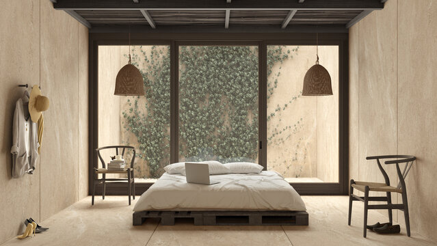 Modern wooden bedroom in dark tones, pallet bed, exterior eco garden with ivy, balcony, concrete walls and floor, bamboo ceiling. Armchairs, decors. Minimalist interior design idea