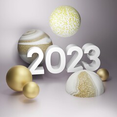 3d render of 2023 illustration date in white color with gold